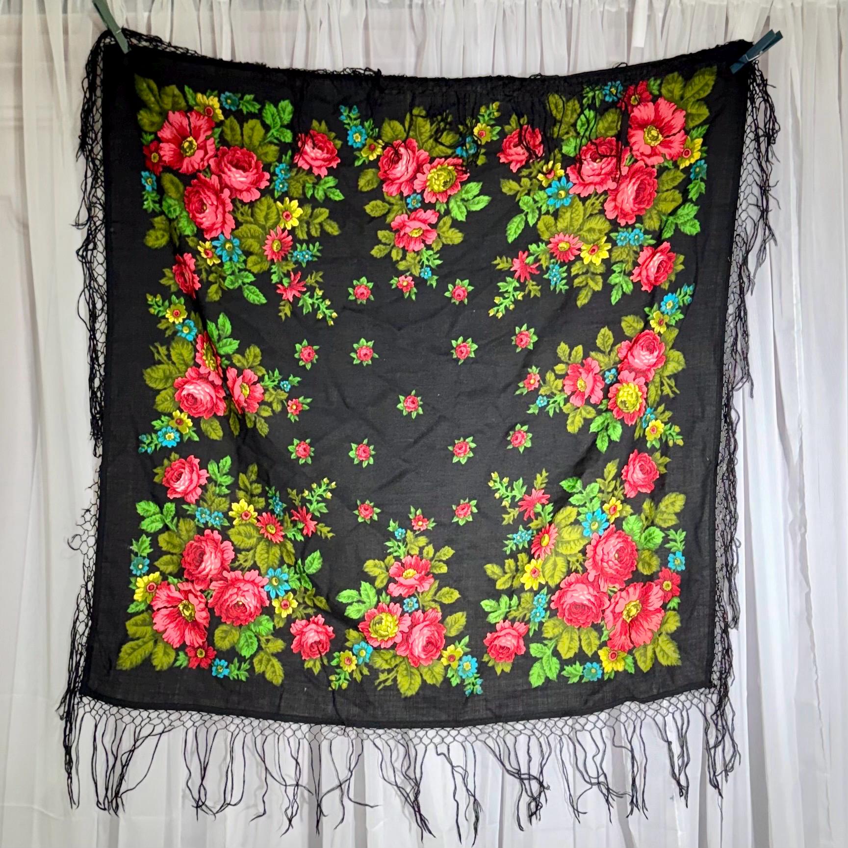 1970s vintage Floral Wool Challis Fringed shawl, black pink rose print scarf wrap, 36 inch square