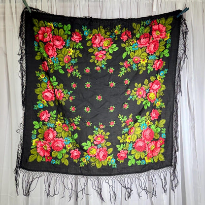 1970s vintage Floral Wool Challis Fringed shawl, black pink rose print scarf wrap, 36 inch square