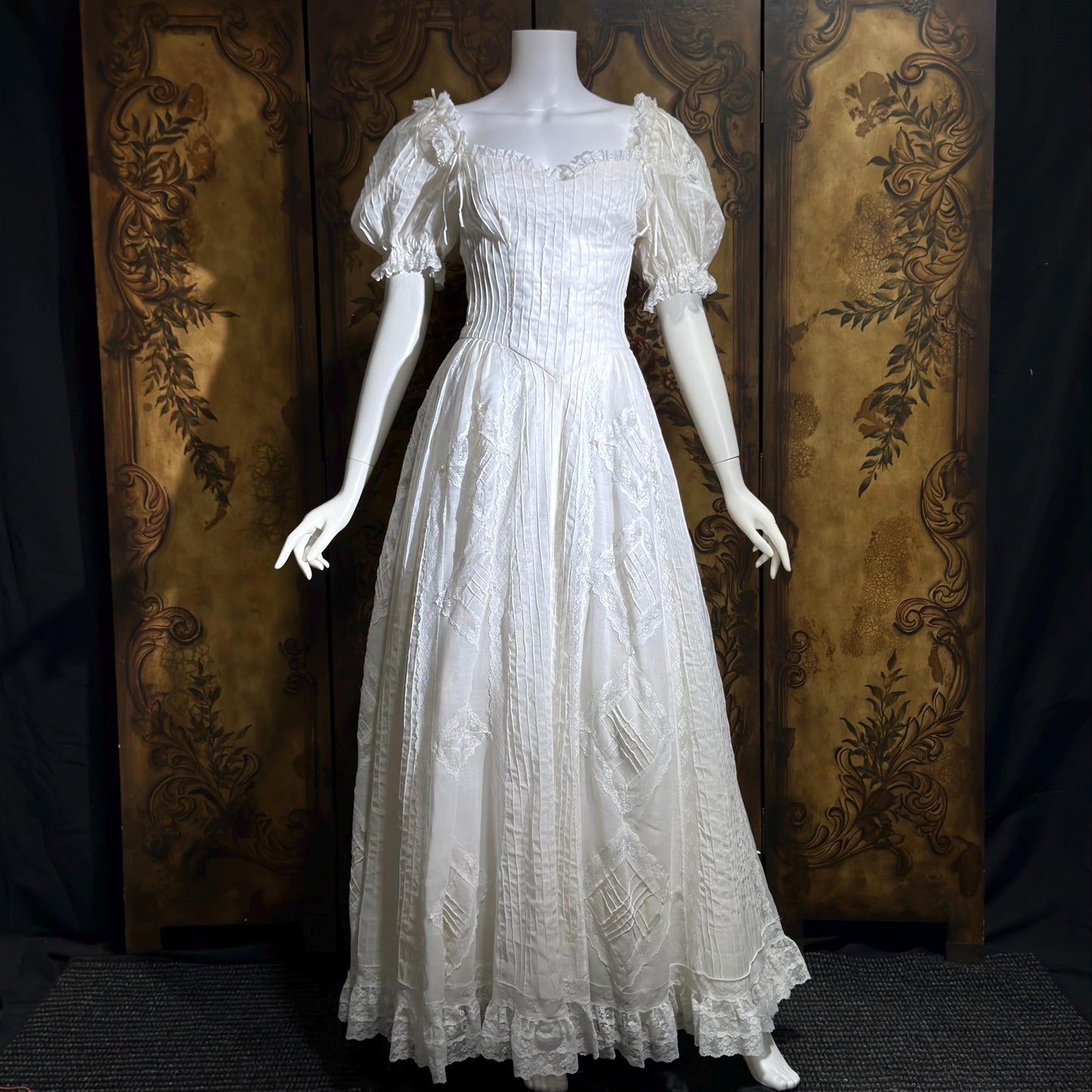 1970s vintage Mexican Wedding dress, White cotton gauze pin tuck off shoulder ball gown