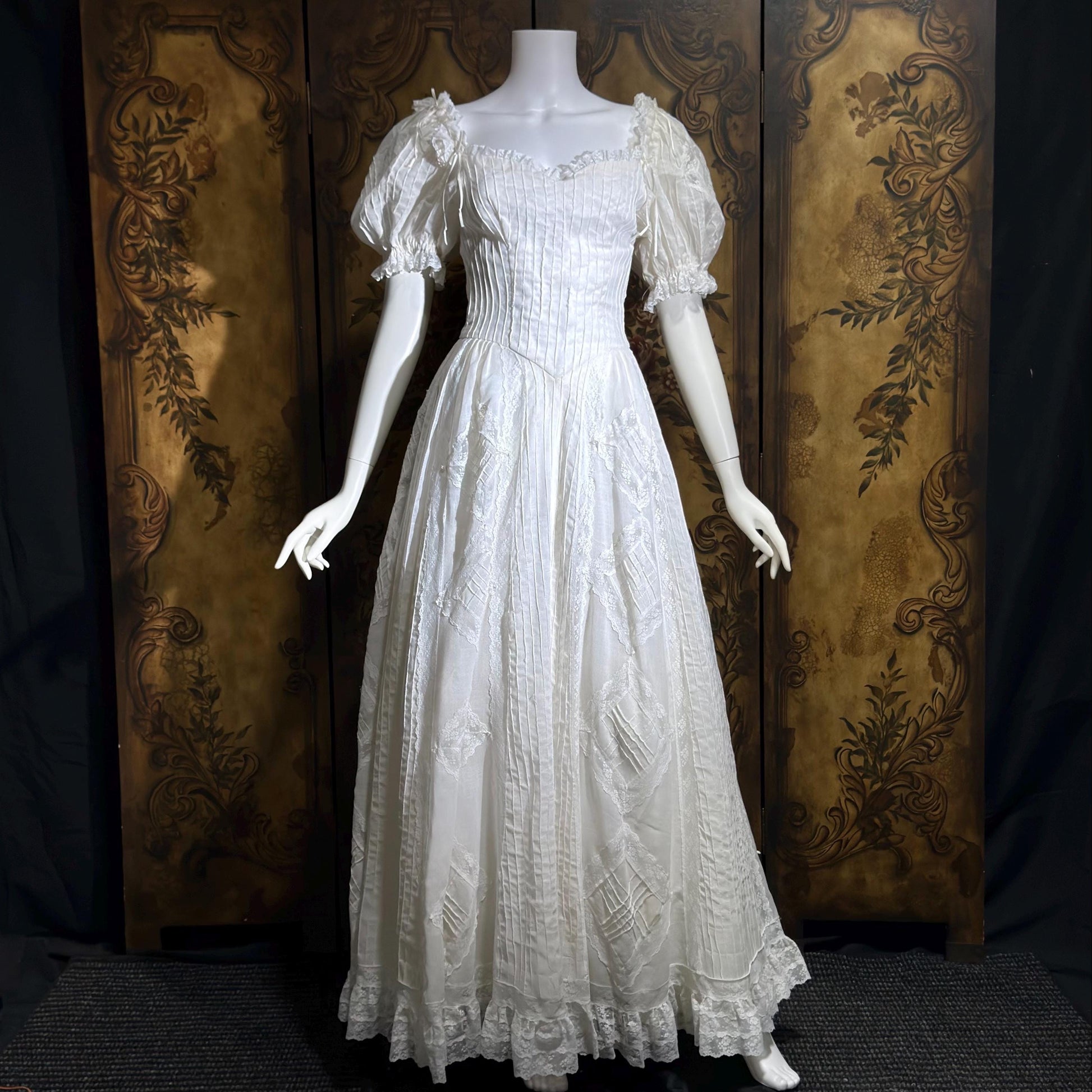 1970s vintage Mexican Wedding dress, White cotton gauze pin tuck off shoulder ball gown
