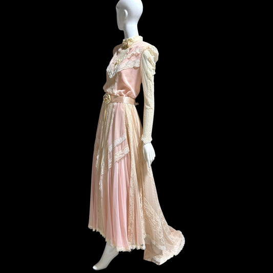 1970s vintage Wedding dress gown, Victorian Edwardian Inspired PINK Bohemian gown, Medium