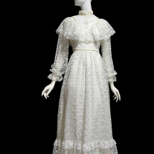 1970s vintage Wedding dress gown, White Lace Prairie Dress, Gunne Vibes, ruffle collar high neck