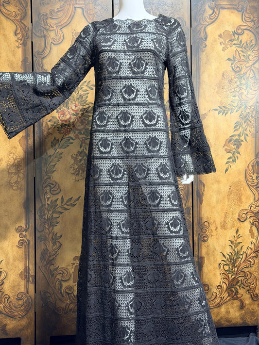 1970s vintage crochet dress, Black Cotton See Through Maxi dress