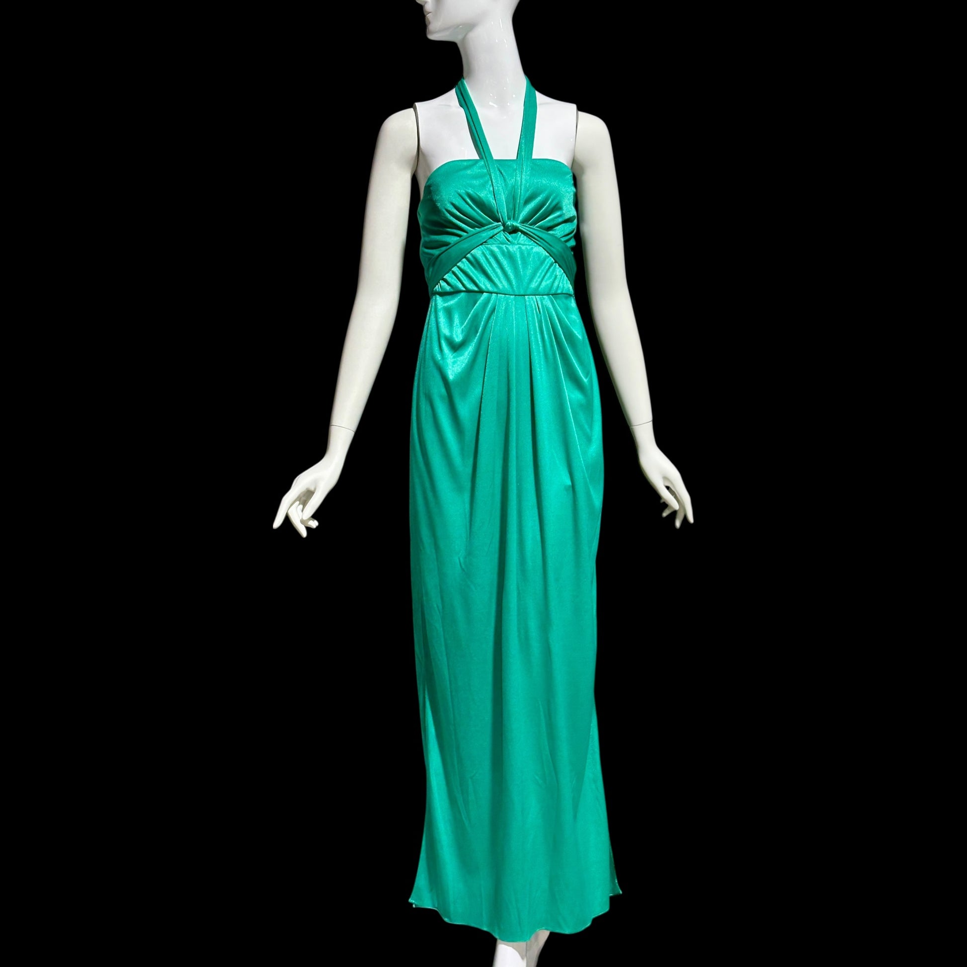 ESTEVEZ evening dress, vintage 1970s teal green jersey knit gown, Studio 54 cocktail disco party dress