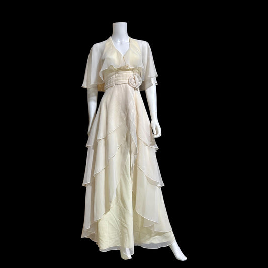 1970s vintage evening dress gown, Ruffle Cape Halter Chiffon Scarf Collar tiered Gown