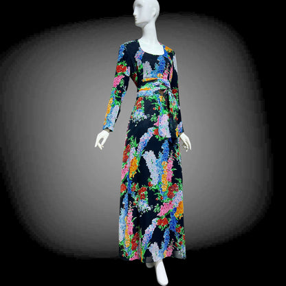 RAZOOK'S vintage 1970s evening dress, poly chiffon floral maxi dress