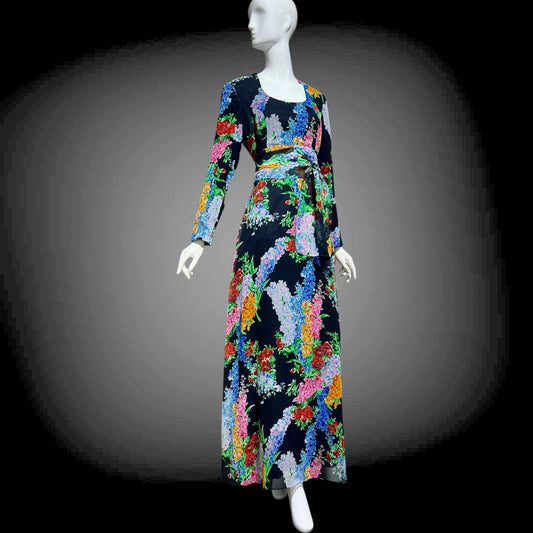 RAZOOK'S vintage 1970s evening dress, poly chiffon floral maxi dress