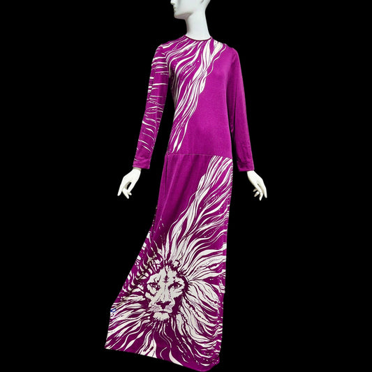 PAGANNE GENE BERK, vintage 1970s Maxi Dress, Purple white Lion face jersey knit evening dress, Stretchy, medium large