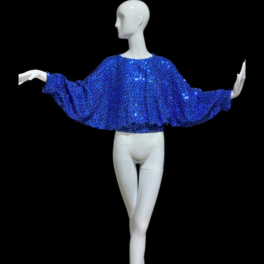 MISTER JAY vintage 1970s sequin disco sweater, Royal blue knit batwing evening cropped top, stretchy