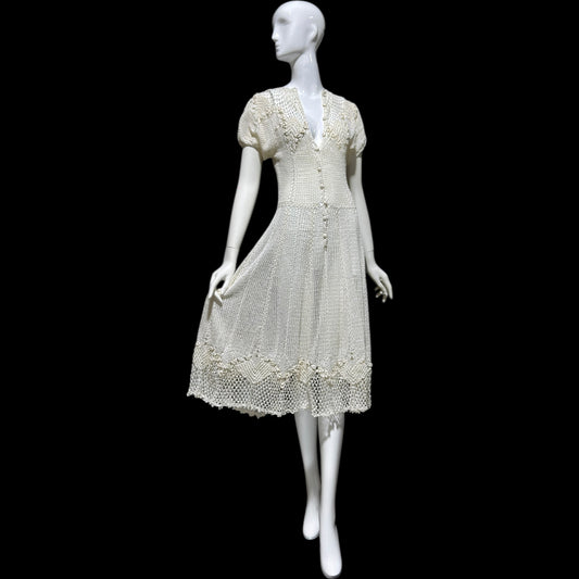 1970s vintage white crochet dress, all cotton blouson shirtdress, midi length