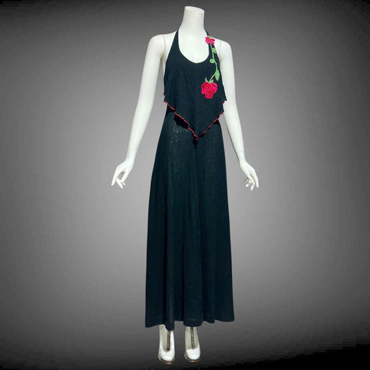 YOUNG EDWARDIAN by ARPEJA, vintage 1970s black crinkle cotton gauze maxi dress
