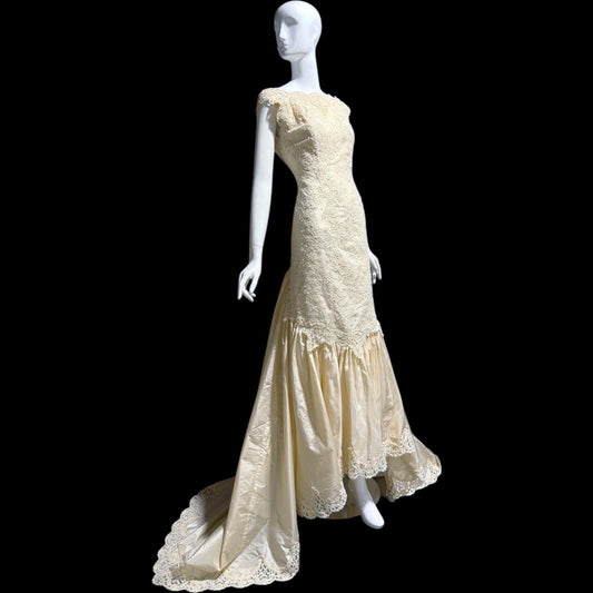 1980s Custom Made vintage wedding dress, dated 1989, Cream lace beads silk mermaid gown