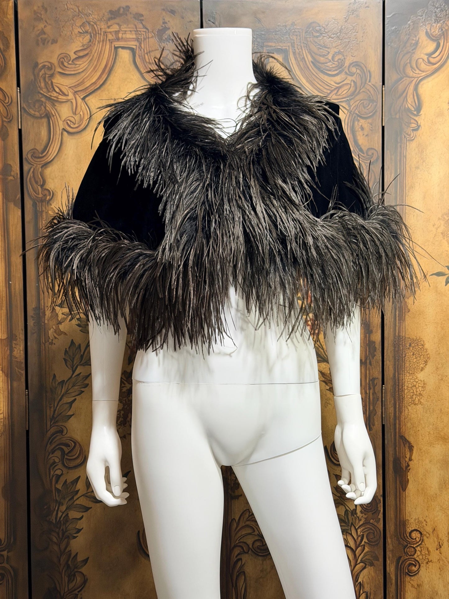 1980s Vintage Ostrich Feather Cape Shawl, Black velvet evening shoulder wrap