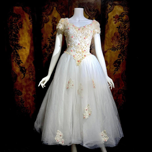 1980s Vintage Wedding Dress, Basque waist and tulle skirt Rosettes sequins and beads Ball Gown