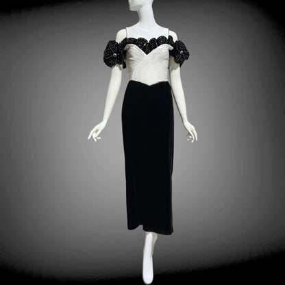 1980s Vintage evening dress gown,  Black Velvet White Plisse and Rhinestones off shoulder gown