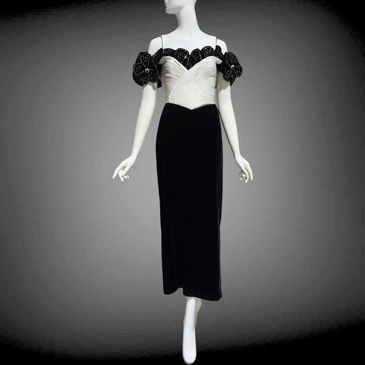 1980s Vintage evening dress gown,  Black Velvet White Plisse and Rhinestones off shoulder gown