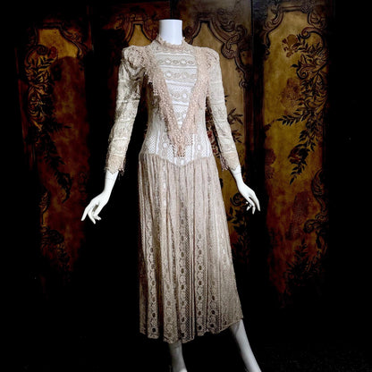 1980s Vintage evening dress, taupe crochet lace see through victorian style dress