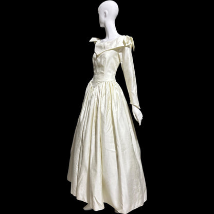 1980s Vintage wedding dress, Custom Made creamy white long sleeves off the shoulder gown