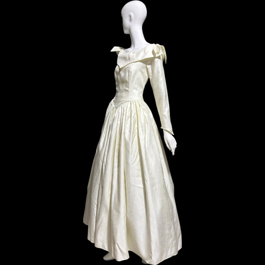 1980s Vintage wedding dress, Custom Made creamy white long sleeves off the shoulder gown