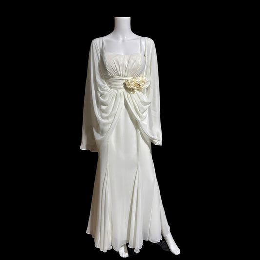 1980s Vintage wedding dress gown, Romantic white chiffon cape dress