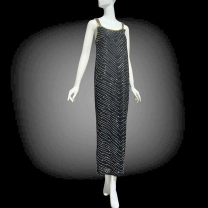 1980s Beaded Silk Sheath Gown: Vintage Black with silver and amber beading, Evening Dress