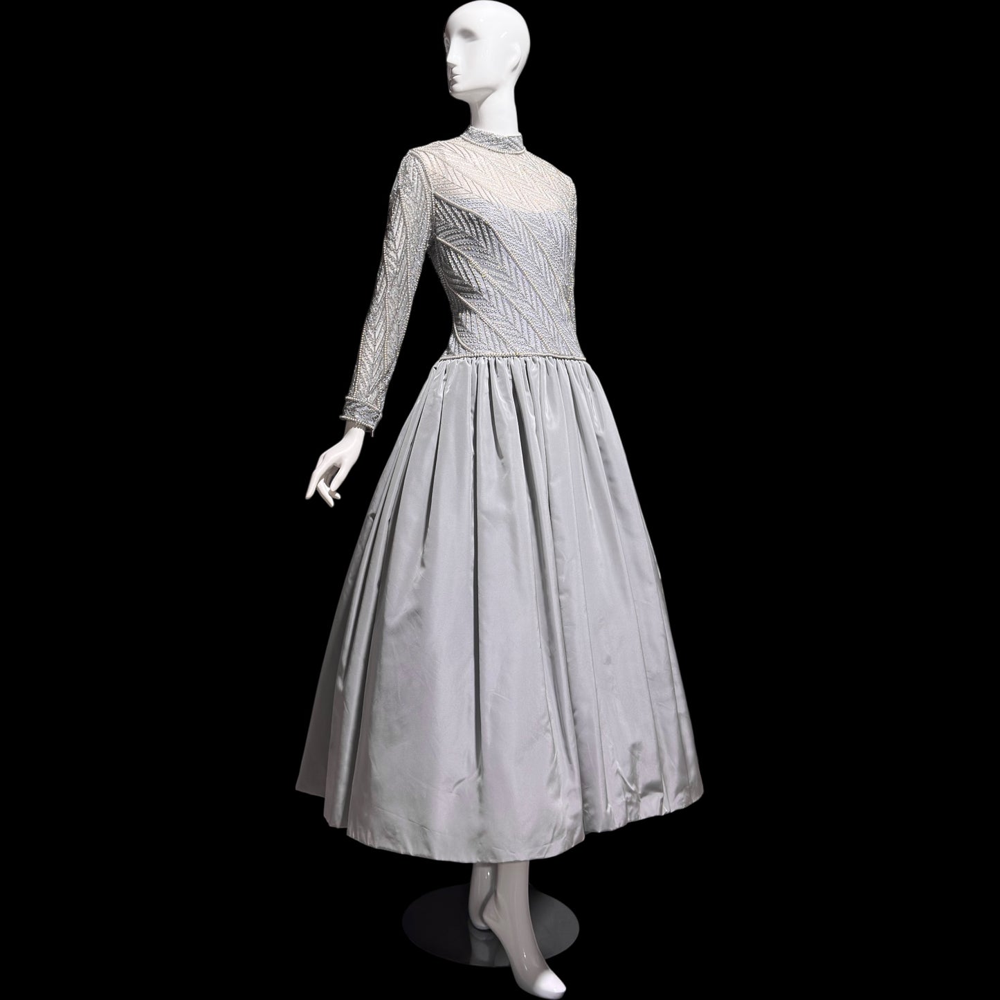 BOB MACKIE, vintage 1980s evening dress ball gown, Silver grey heavily beaded taffeta gown, Long sleeve high neck