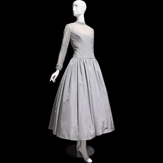 BOB MACKIE, vintage 1980s evening dress ball gown, Silver grey heavily beaded taffeta gown, Long sleeve high neck