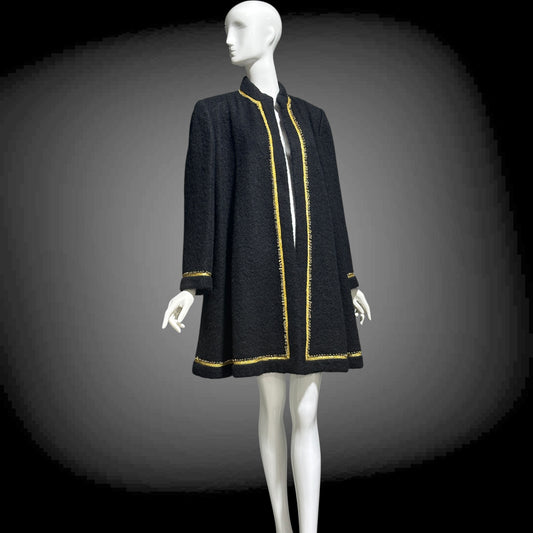 TRIGERE 1980s mohair swing coat, for SAKS 5th Ave Black mohair gold metallic cord