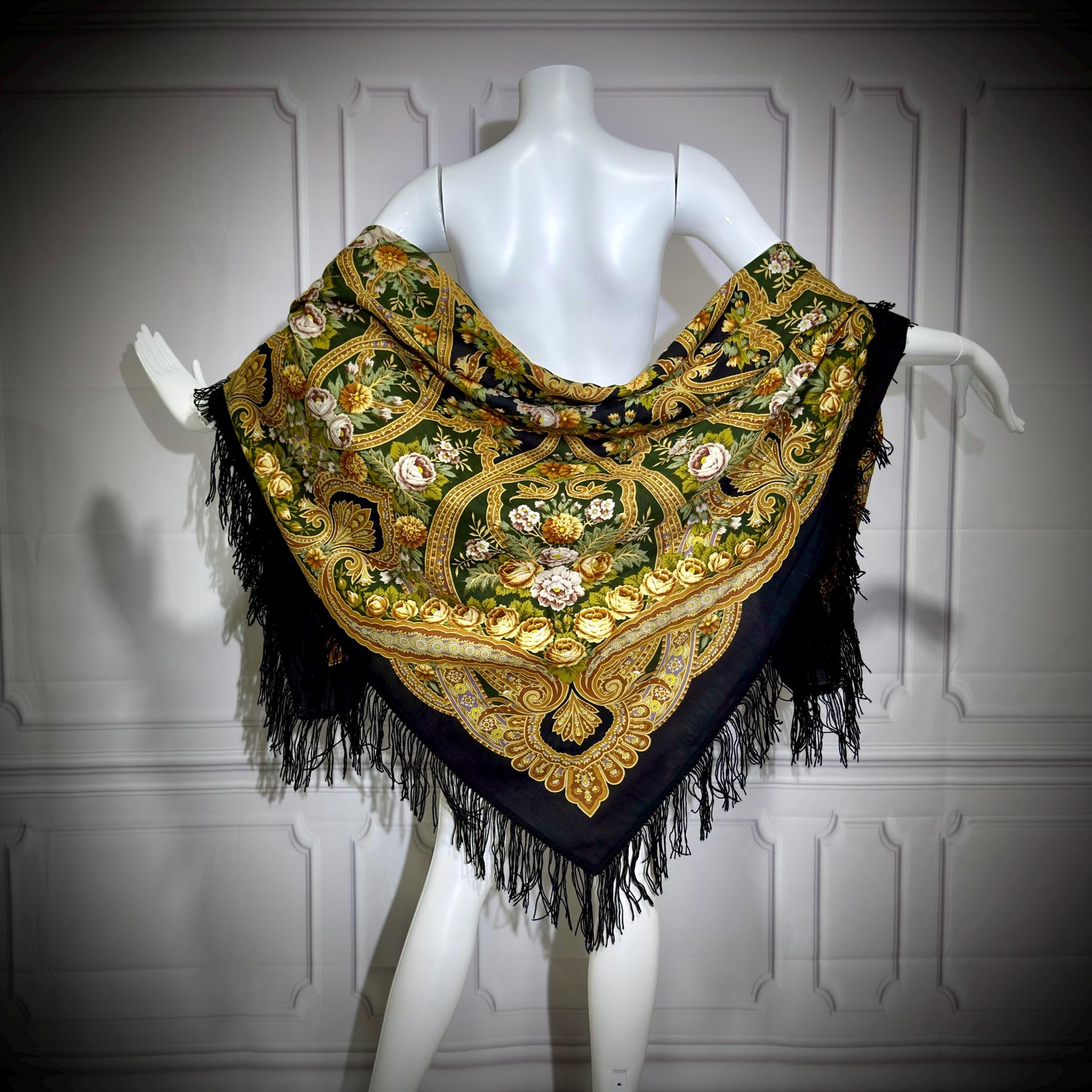 1980s vintage Babushka Shawl Wrap, HUGE 60 inches square floral wool challis scarf with fringe