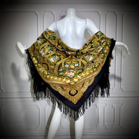 1980s vintage Babushka Shawl Wrap, HUGE 60 inches square floral wool challis scarf with fringe