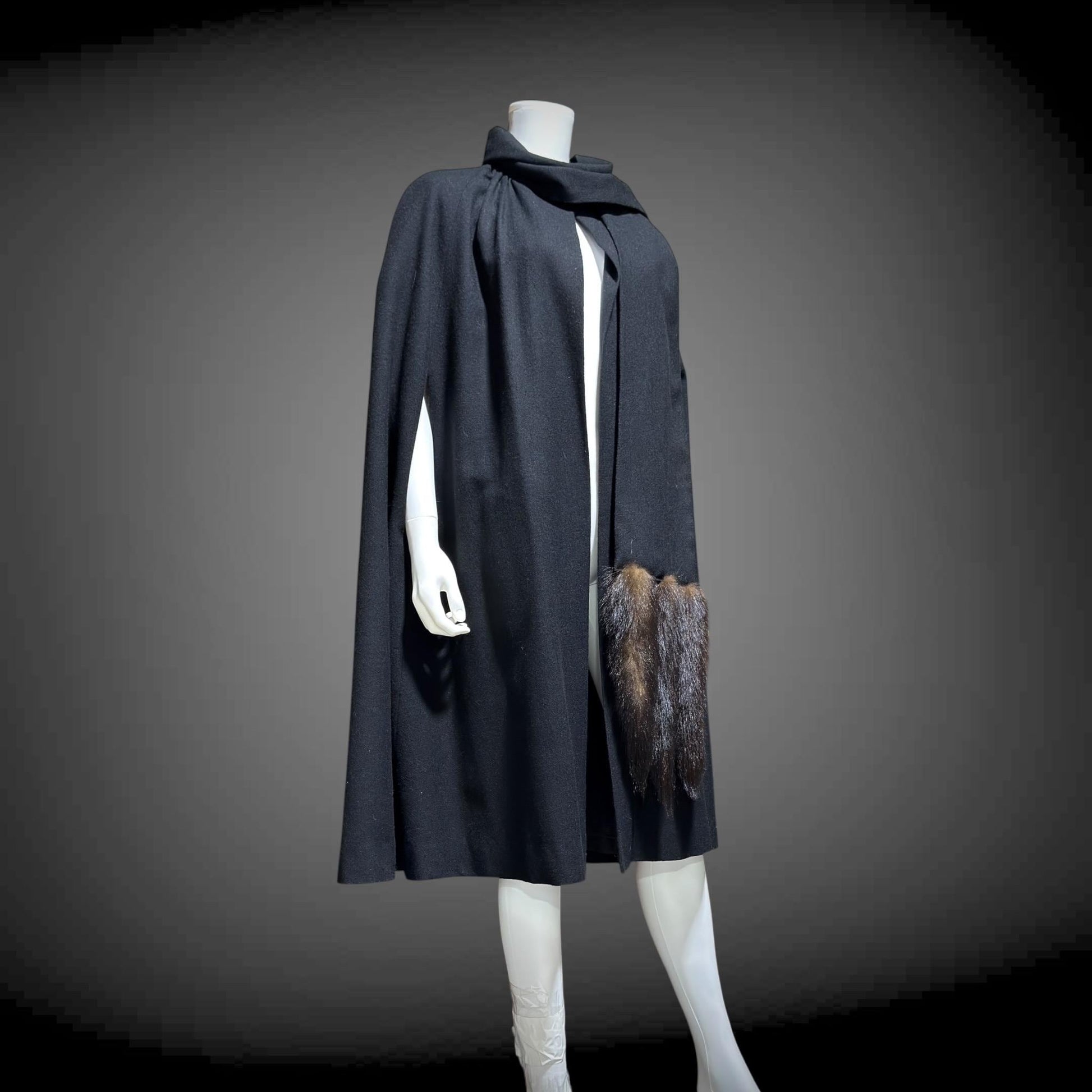 1980s vintage Cape with mink tails, black wool Evening Coat Cloak Wrap