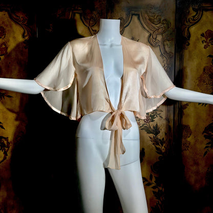 1980s vintage Silk bed jacket, Shiny peachy pink satin and chiffon evening jacket