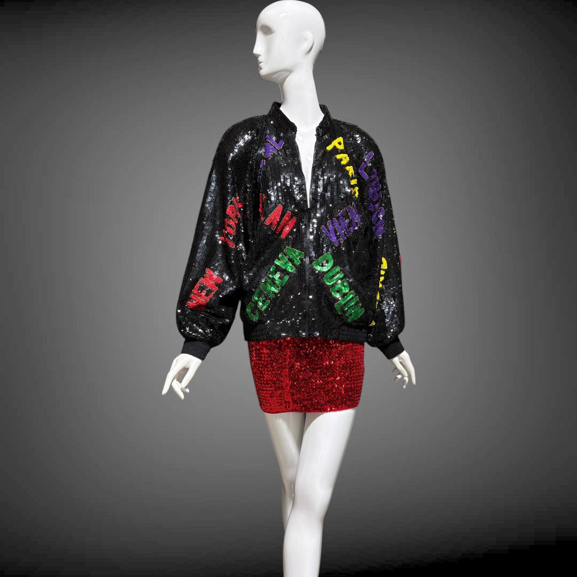 1980s vintage bomber jacket, World Traveler black sequin coat, Large