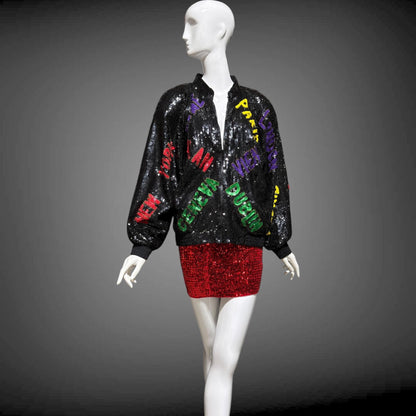 1980s vintage bomber jacket, World Traveler black sequin coat, Large