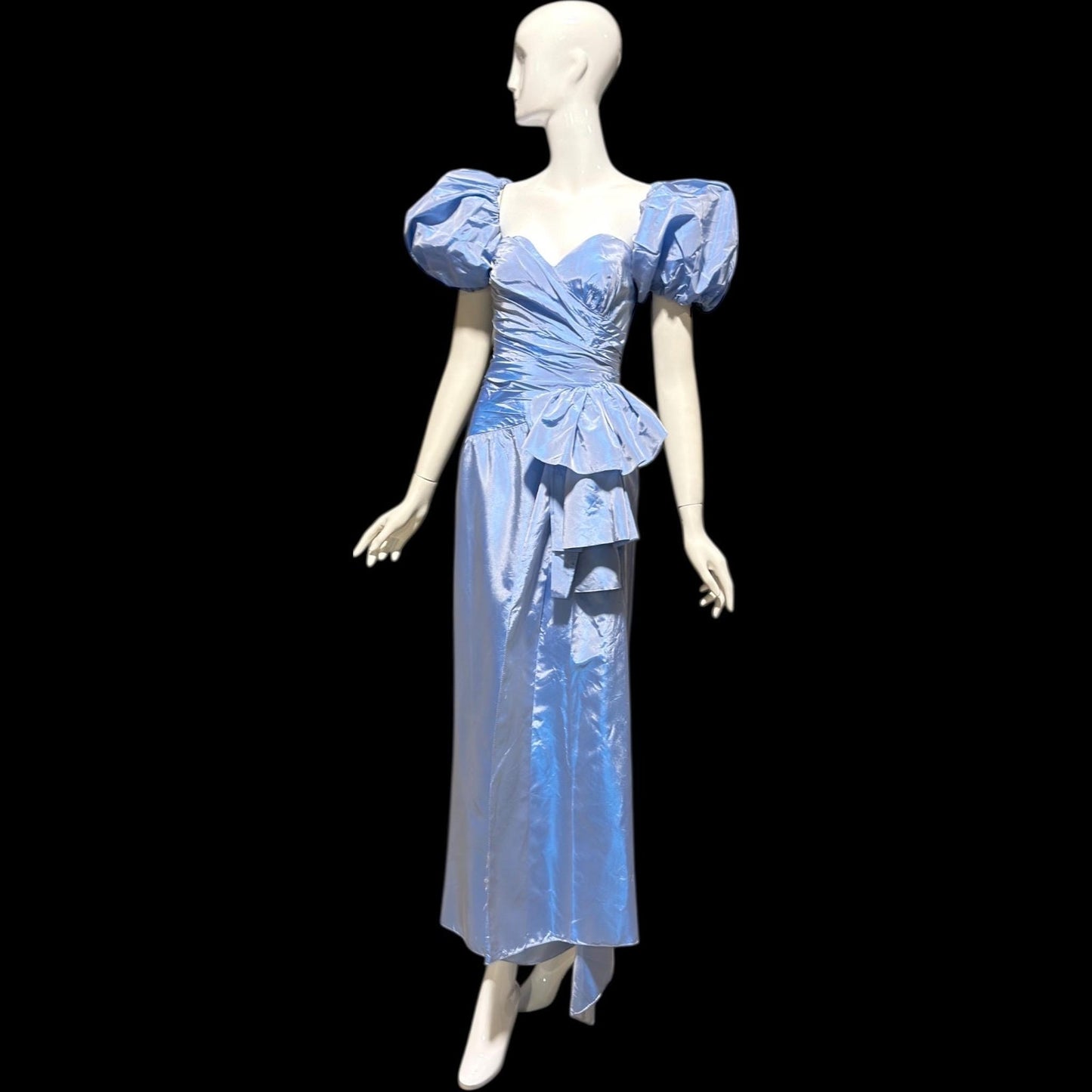 1980s vintage evening dress, Iridescent blue taffeta and ruffles, strapless prom party dress, medium