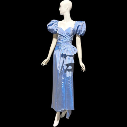 1980s vintage evening dress, Iridescent blue taffeta and ruffles, strapless prom party dress, medium