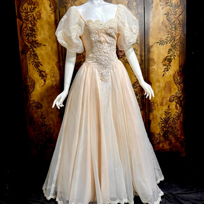 1980s vintage wedding dress gown, Pink Blush Organza Off Shoulder ball gown