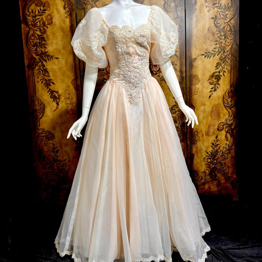 1980s vintage wedding dress gown, Pink Blush Organza Off Shoulder ball gown