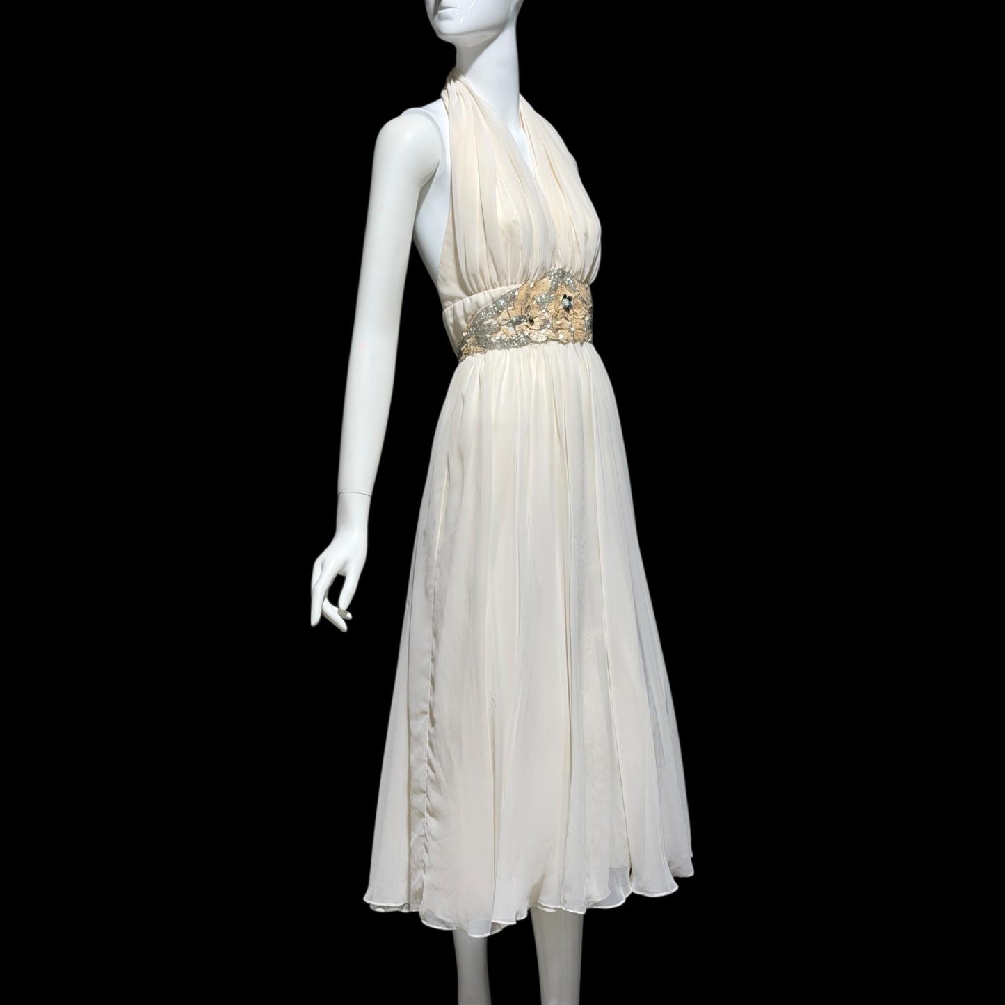 1980s vintage white chiffon dress, beaded cocktail wedding party halter dress