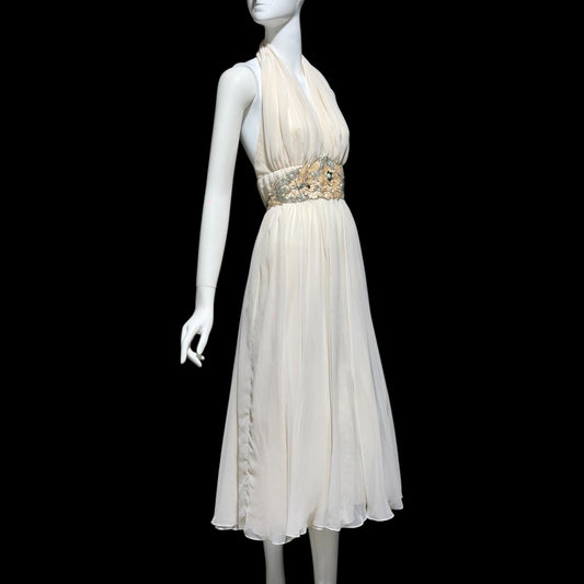 1980s vintage white chiffon dress, beaded cocktail wedding party halter dress