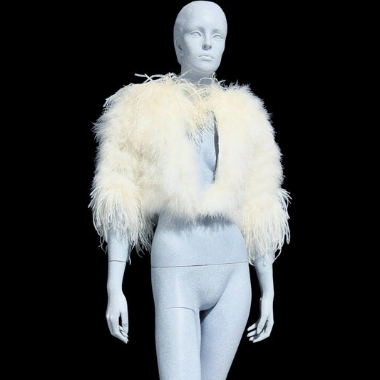 1980s Vintage marabou feather jacket, Snowy white marabou with ostrich feathers cropped wedding evening jacket