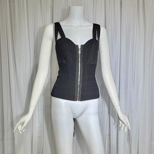 1990s Vintage bandage corset top, zip front bustier black evening top, lace up back