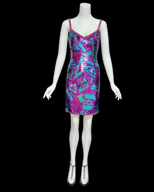 ALYCE vintage 1990s evening dress, sequin cocktail slip dress, Hot Pink jewel tone sequin Mini Dress