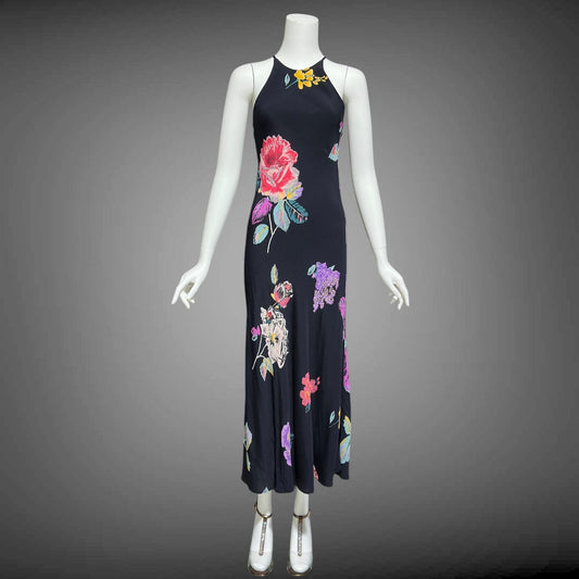 1990s vintage bias cut dress, Bodycon rose flower print evening sheath slip dress, maxi dress