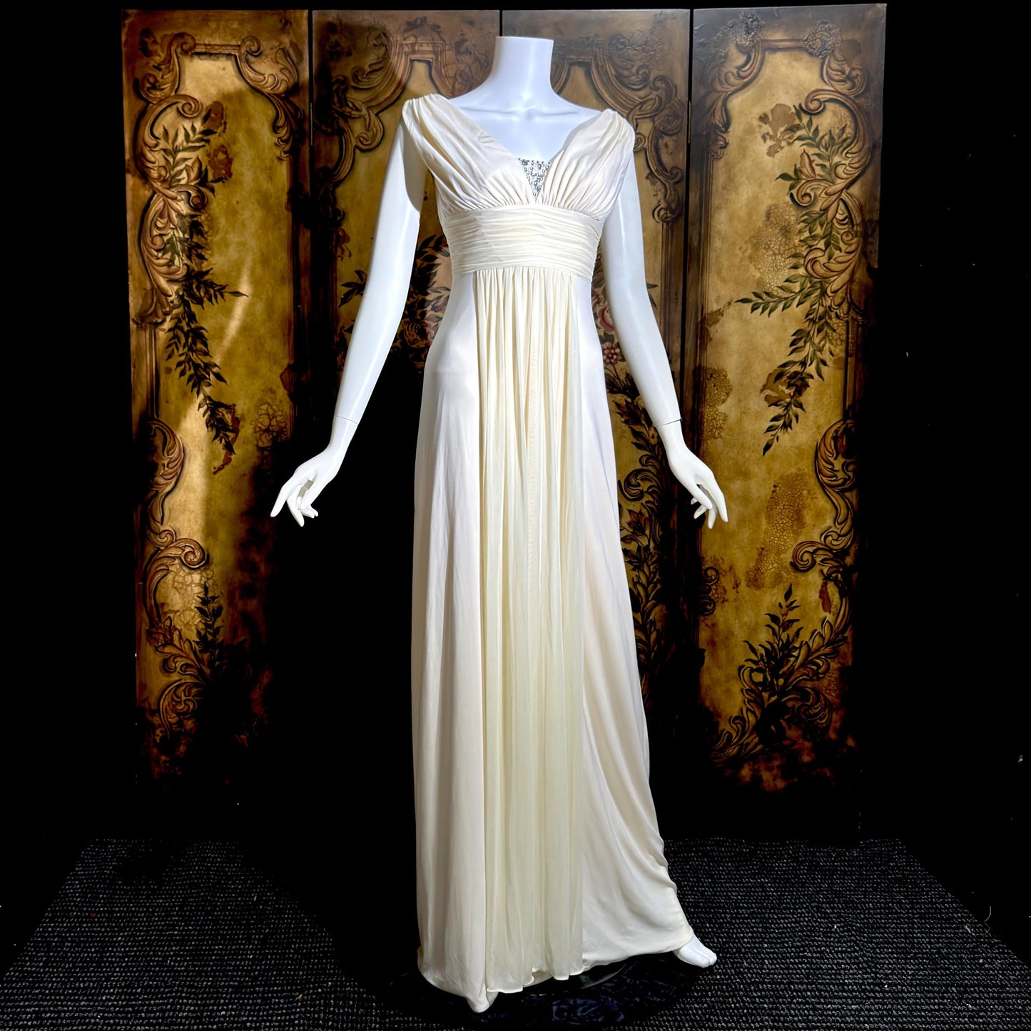 1990s vintage wedding dress gown, Grecian Goddess white jersey knit gown