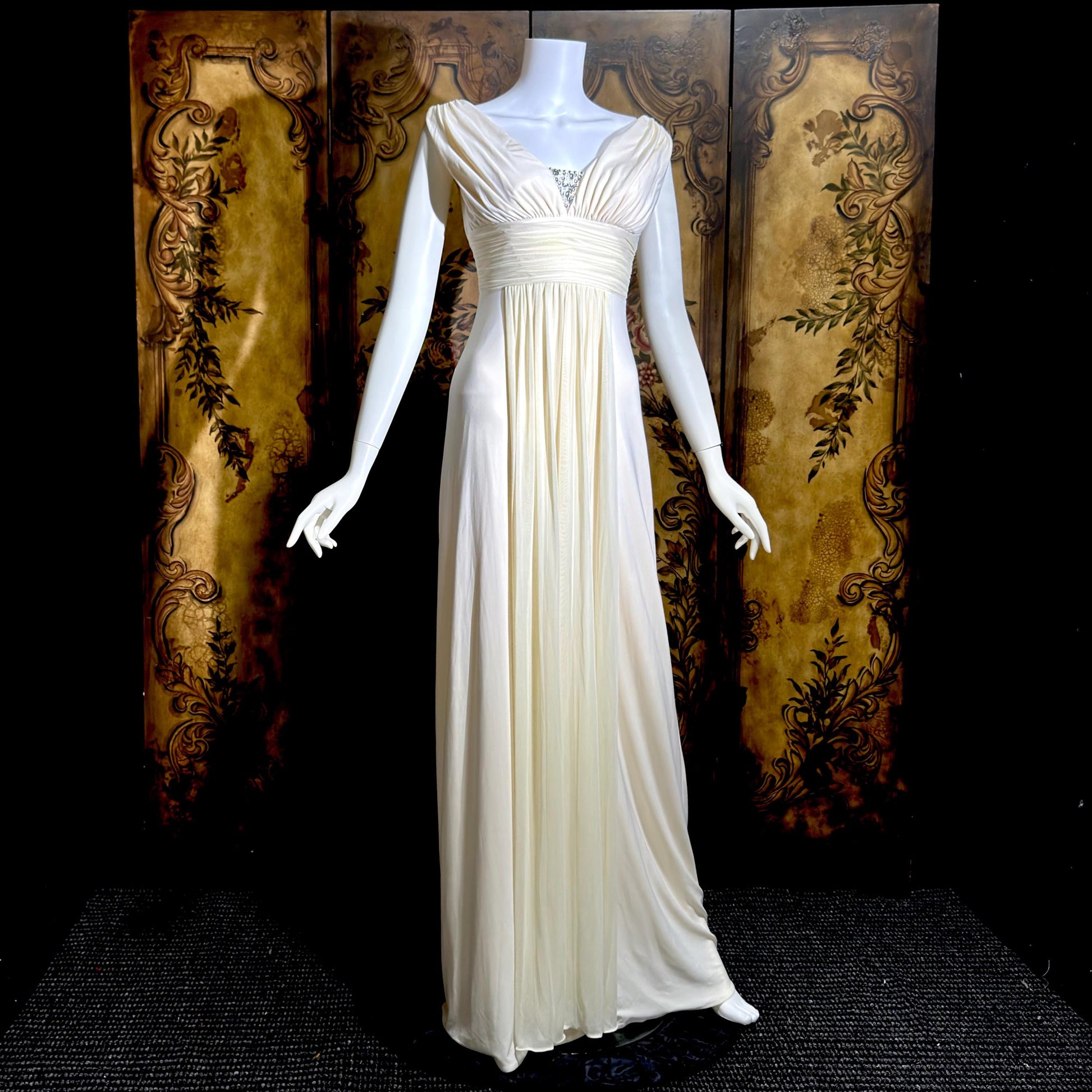 1990s vintage wedding dress gown, Grecian Goddess white jersey knit gown