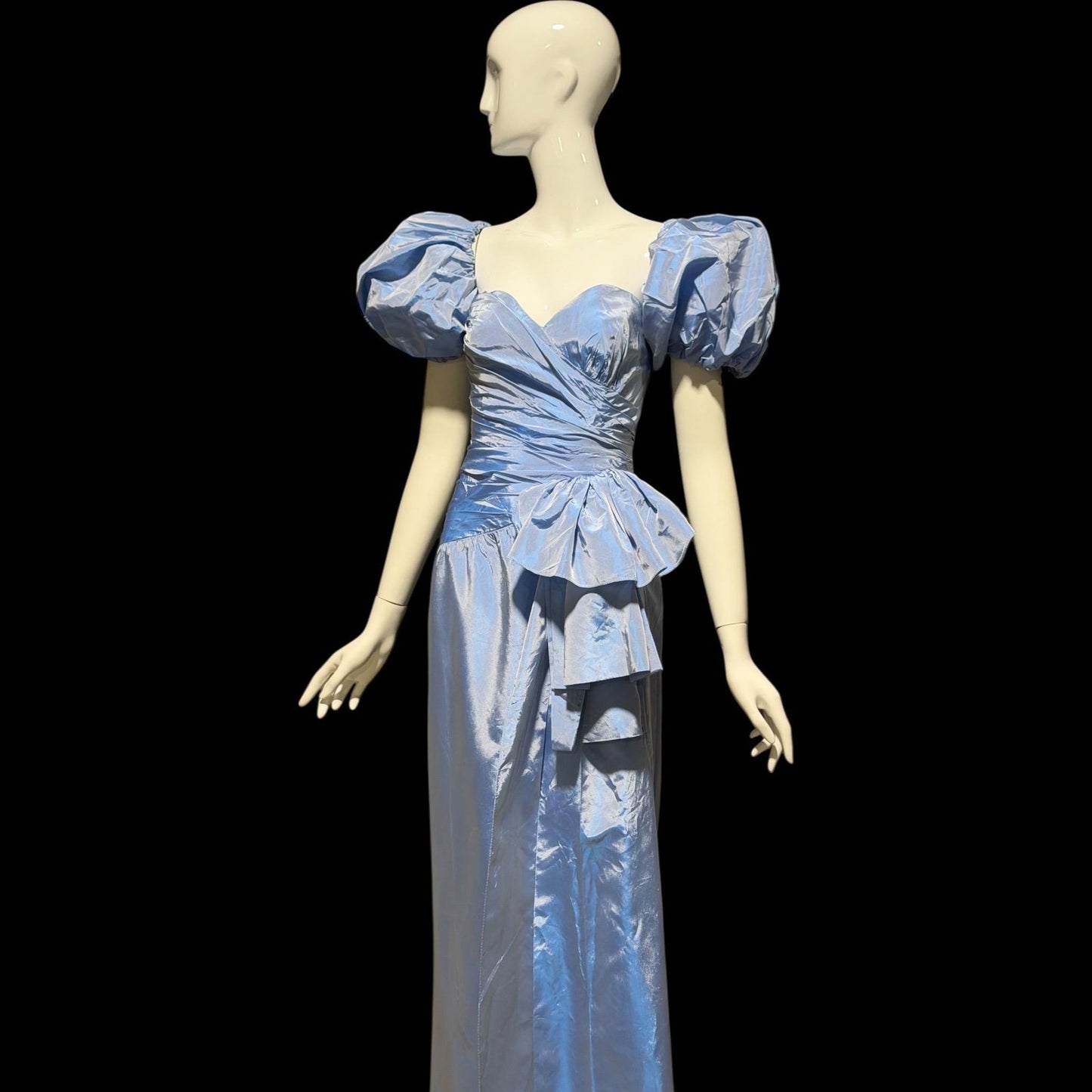 1980s vintage evening dress, Iridescent blue taffeta and ruffles, strapless prom party dress, medium