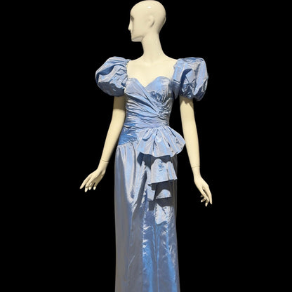1980s vintage evening dress, Iridescent blue taffeta and ruffles, strapless prom party dress, medium