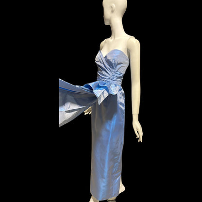 1980s vintage evening dress, Iridescent blue taffeta and ruffles, strapless prom party dress, medium