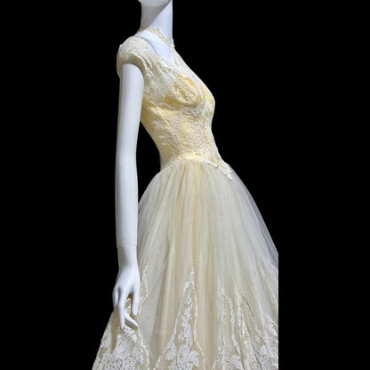 MARIE FOR PANDORA, vintage 1950s wedding dress, Lace high neck Bridal Cupcake Ball Gown